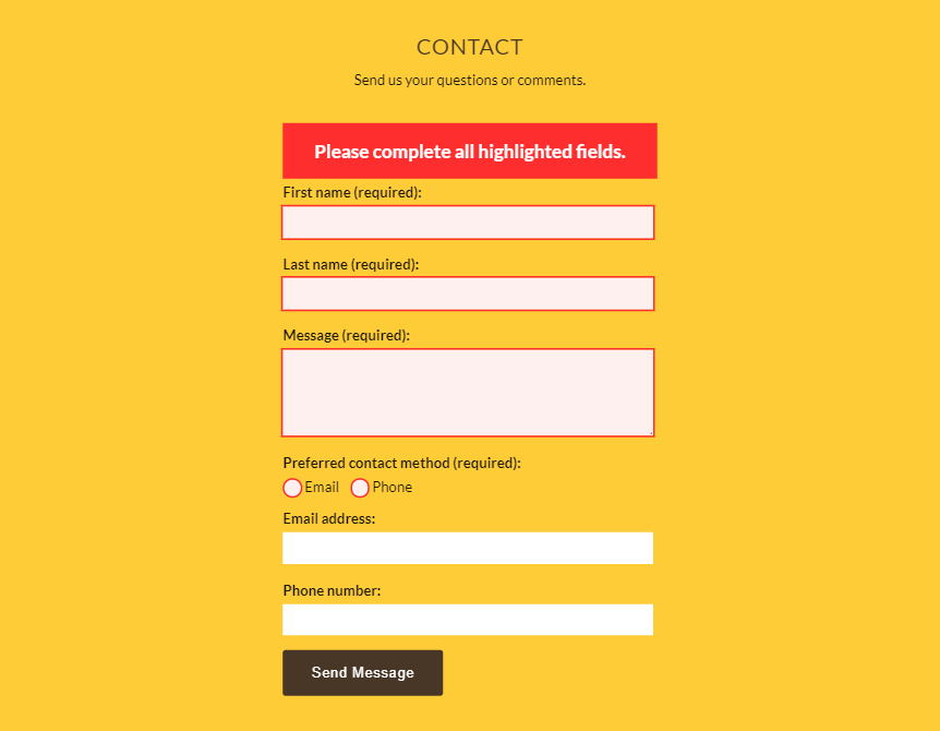 Form in light mode with warning message highlighting required form fields.