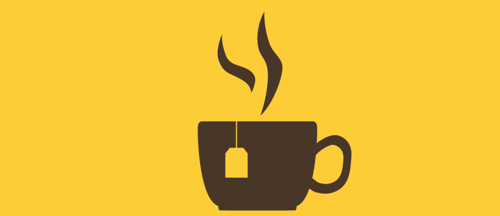 Yellow and brown illustration of a hot cup of tea with steam rising out of it.