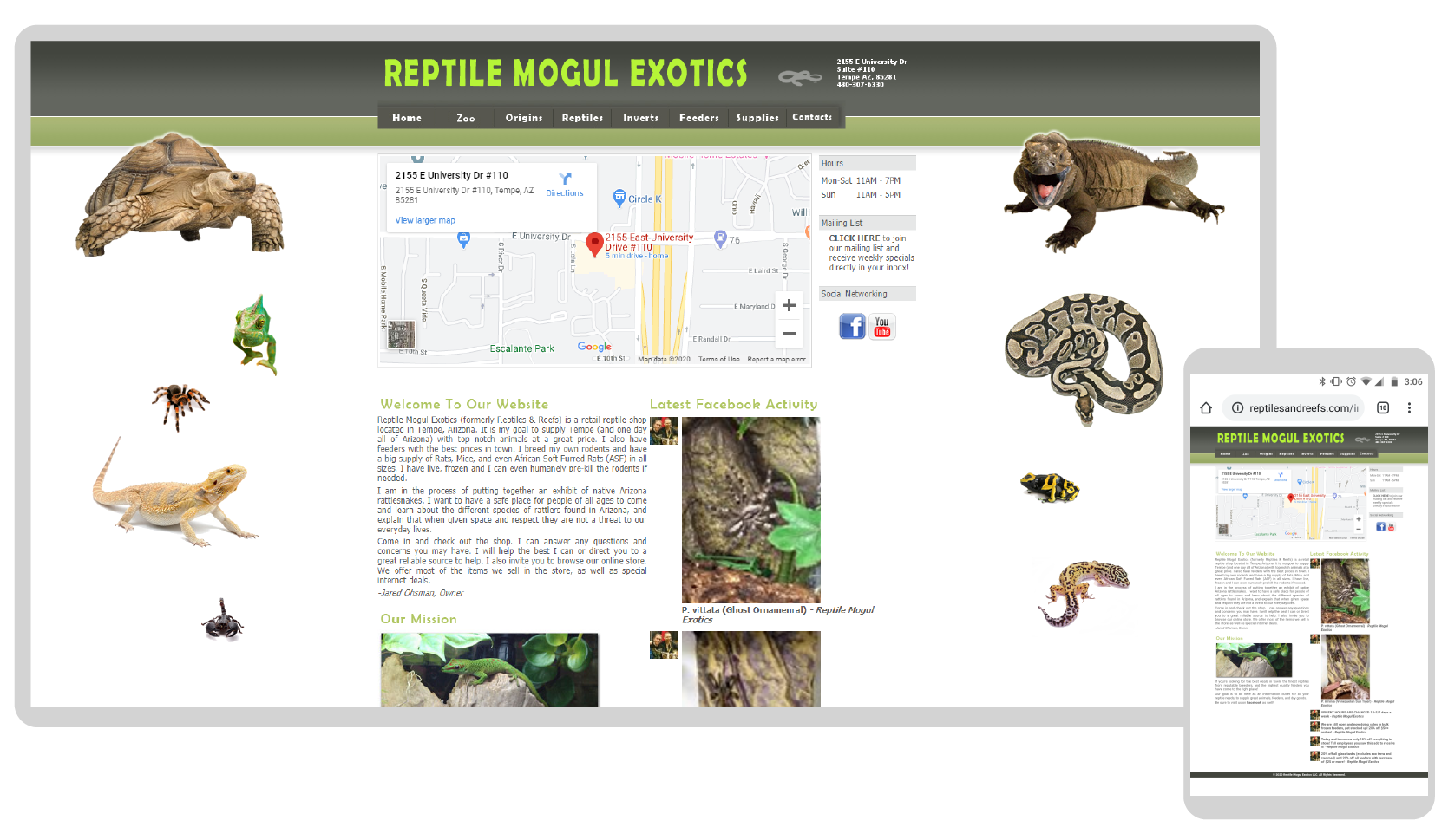 Screenshots of the original Reptile Mogul Exotics website.