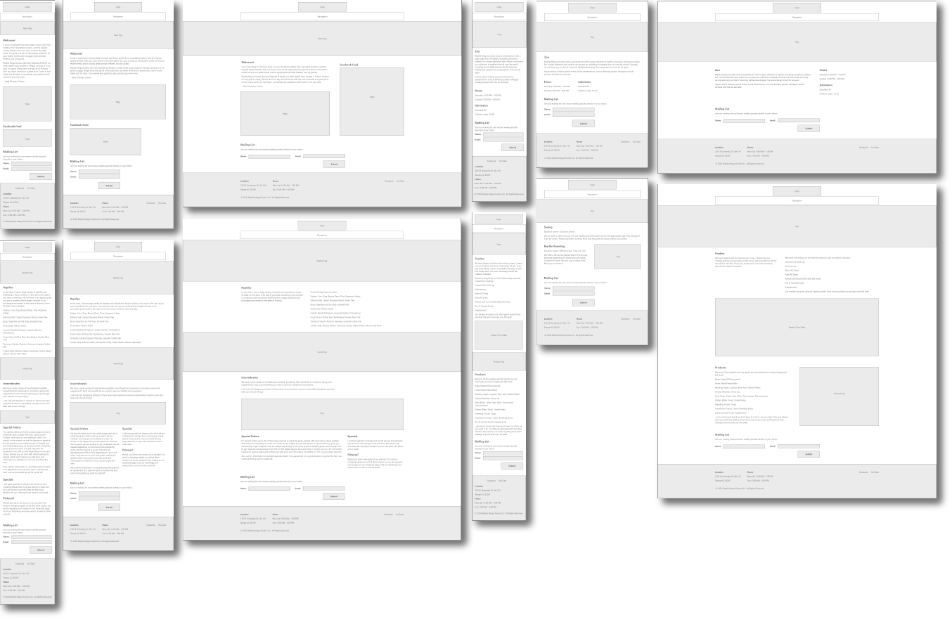 Wireframes of the mobile, tablet, and desktop versions of the home page, trailer page, and newsletter sign-up form.