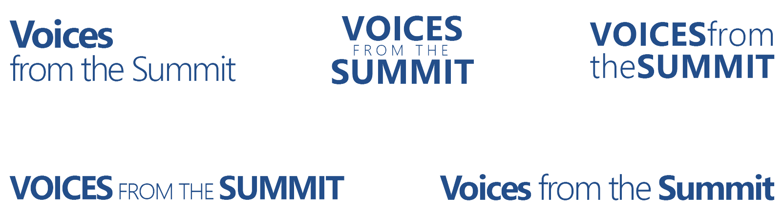 Variations of the words Voices from the Summit laid out in different ways in blue text.