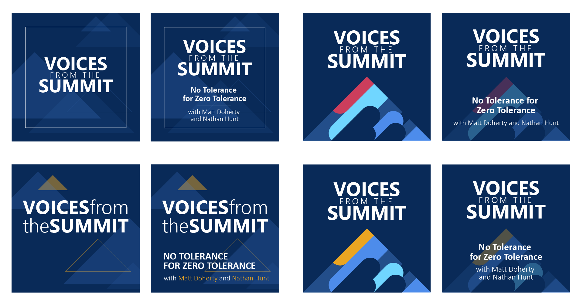 Four cover designs. Two have overlapping triangles, one all blue and the other with some yellow highlights. The other two covers each have a mountain made up of colorful oblong shapes; one has a red summit, and the other has a yellow summit.
