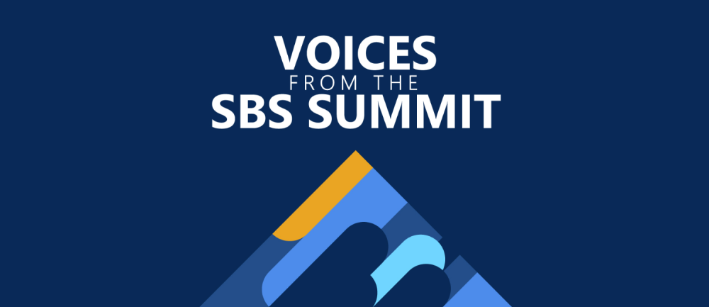 The words Voices from the SBS Summit above a triangle made of colorful oblong shapes.