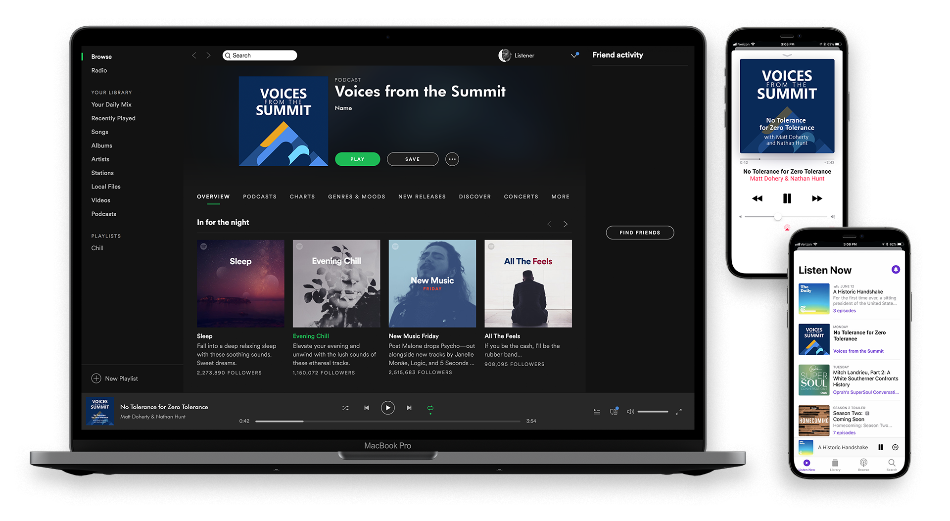 Mockup of a laptop and phone screens with Spotify and Apple podcasts open, with the podcast cover featuring a mountain made up of oblong shapes and a yellow summit.